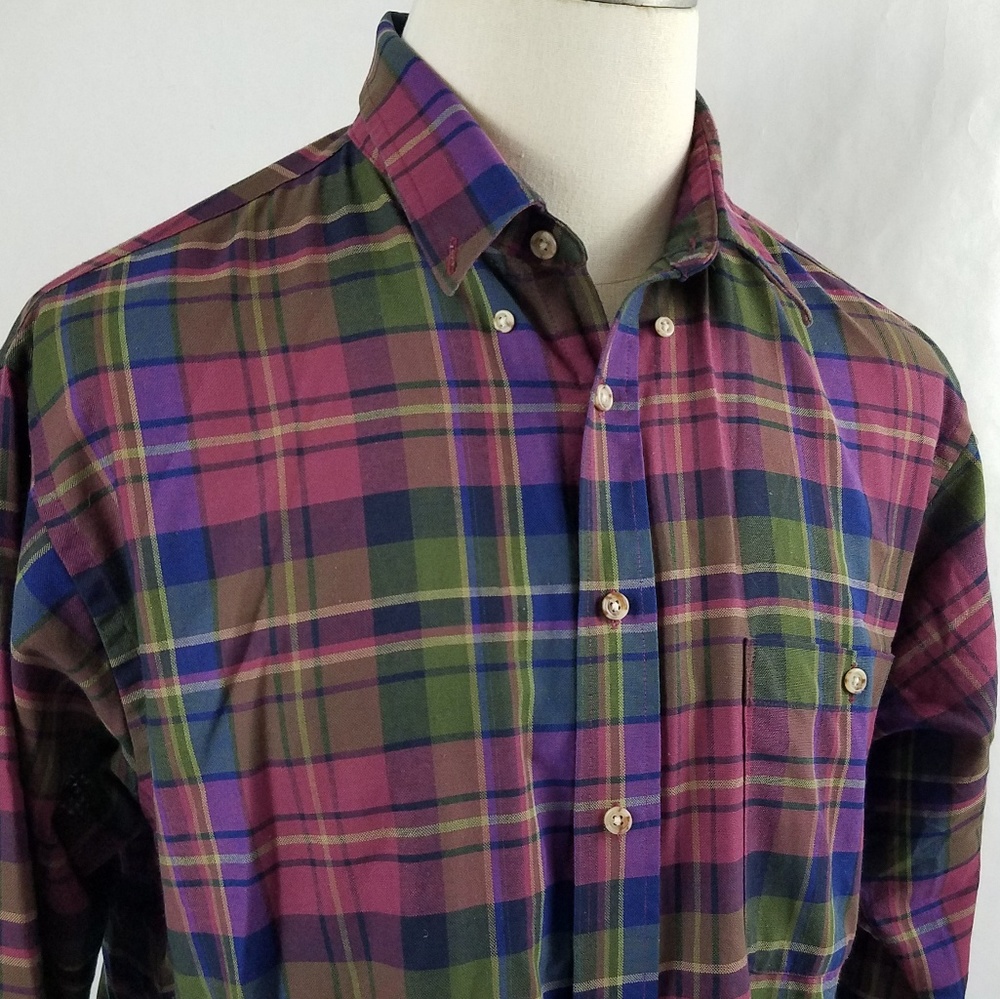 John Ashford Plaid Shirt Sze L Purple Green W